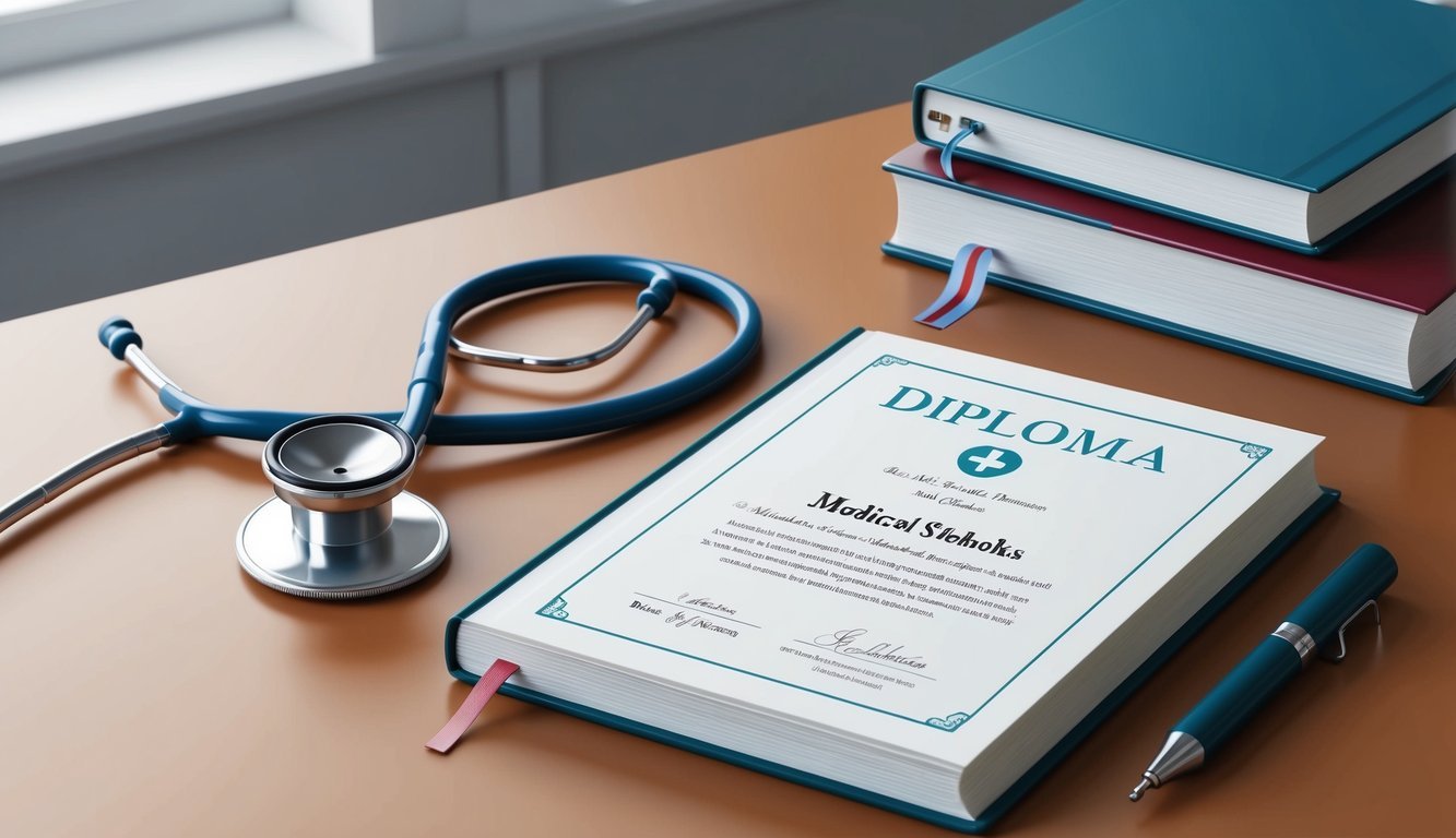 A stethoscope, medical textbooks, and a diploma on a desk