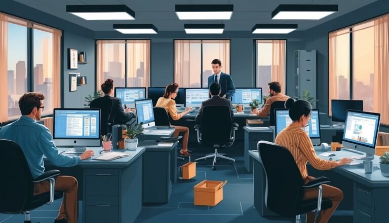 People working at computers in a modern office with city views