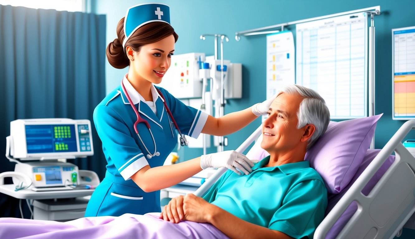 A nurse in uniform assisting a patient in a hospital room.</p><p>Medical equipment and charts in the background