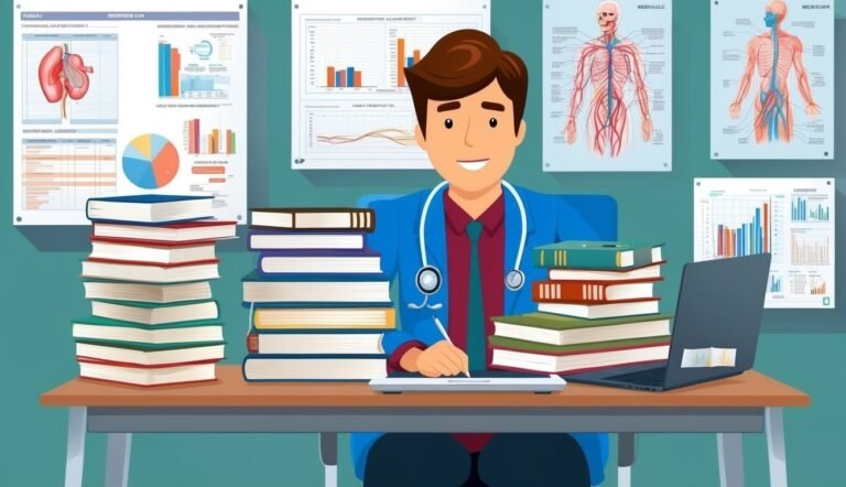 Smiling doctor at desk with books, laptop, and medical charts