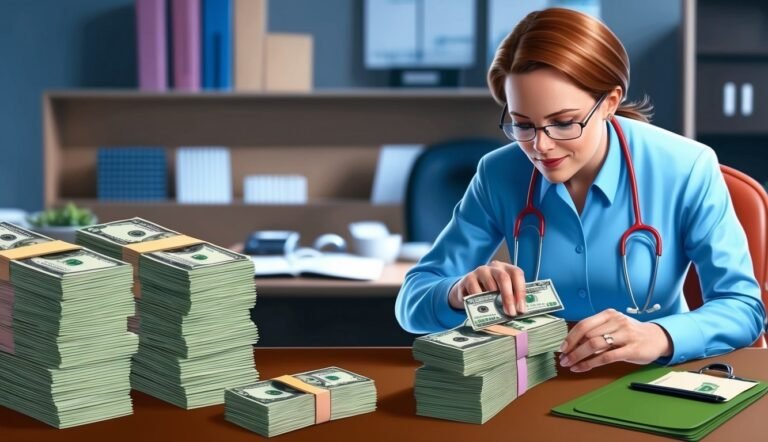 Doctor with stethoscope counting stacks of money on a desk