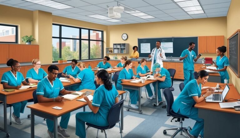 Nursing students in scrubs attend a class, teacher at the blackboard