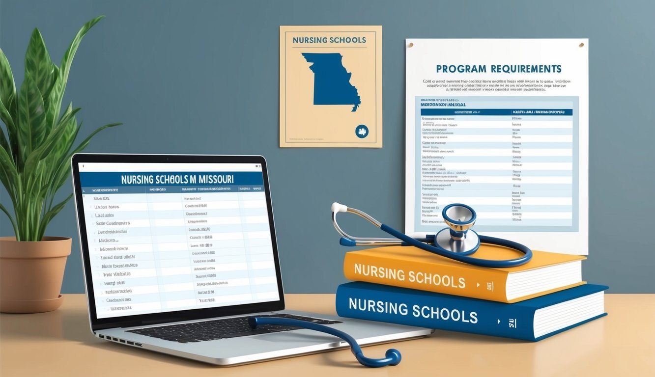 A stethoscope and a nursing textbook sit on a desk, alongside a laptop displaying a list of nursing schools in Missouri.</p><p>A poster on the wall outlines program requirements