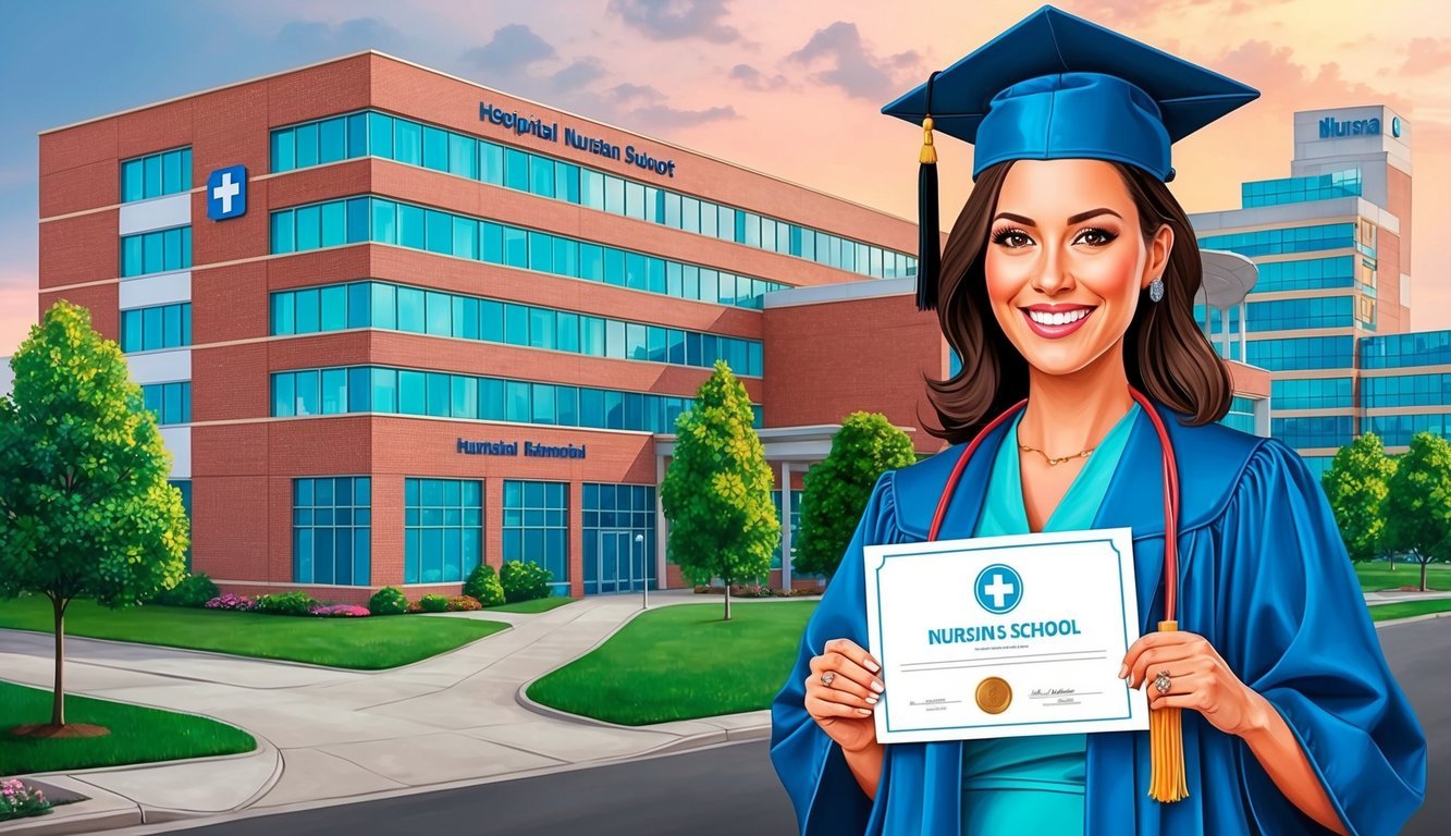 A nurse in a graduation cap and gown holding a diploma, with a hospital and nursing school in the background