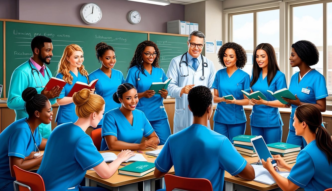 A group of nursing students gather in a classroom, surrounded by textbooks, medical equipment, and supportive faculty.</p><p>They engage in discussions and receive guidance on their journey to becoming nurses