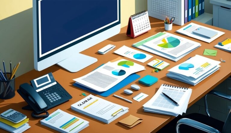 Office desk with computer, documents, calendar, phone, and office supplies