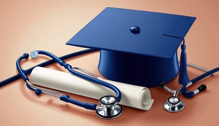 Blue graduation cap, stethoscope, and diploma on a peach background