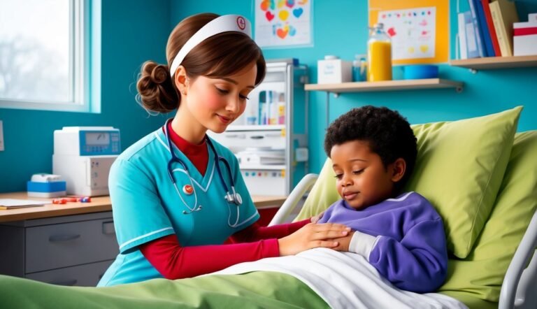 Nurse comforting a young child in a hospital bed, holding hands
