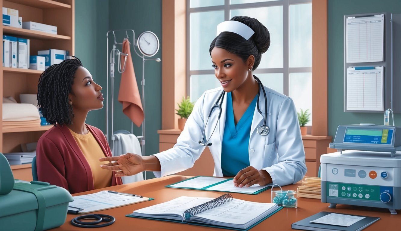 A nurse practitioner consulting with a patient, surrounded by medical equipment and charts