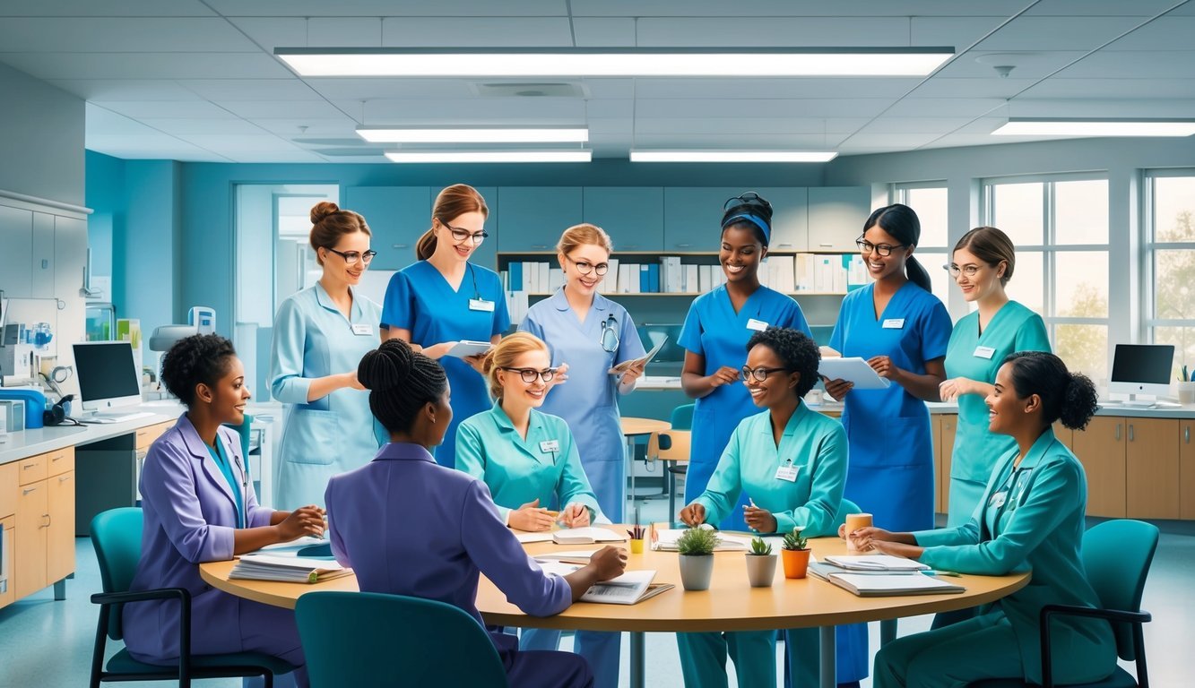 A group of nurses and researchers engage in educational activities and collaborative discussions in a modern and well-equipped healthcare facility