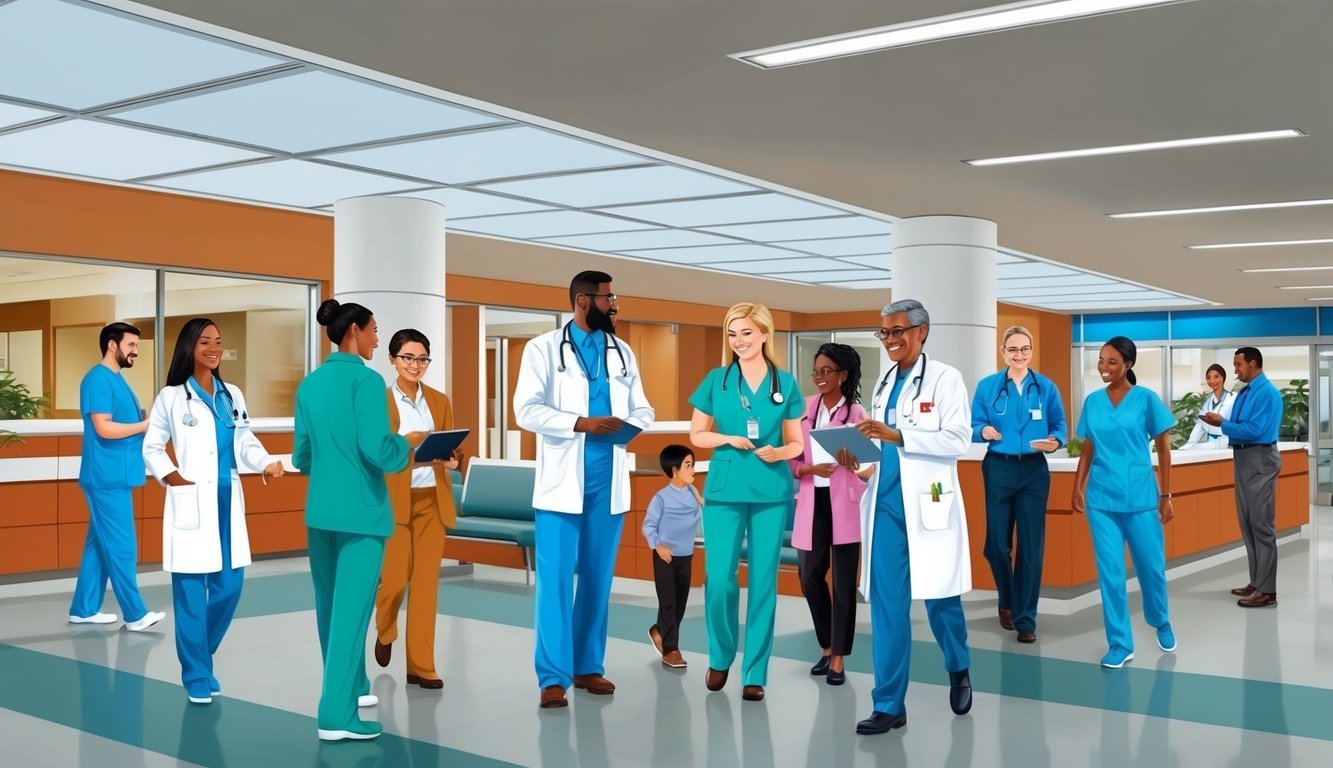 A bustling hospital lobby with healthcare professionals and community members interacting and working together