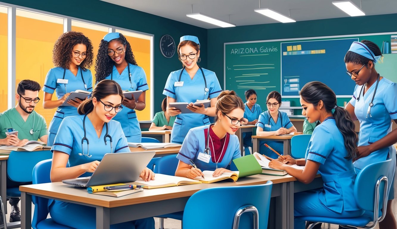 A group of students in nursing uniforms studying and working together in a modern classroom at a nursing school in Arizona