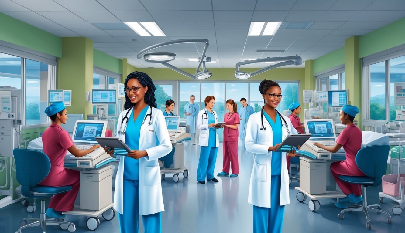 Medical staff in a hospital room, some using computers, others in discussion