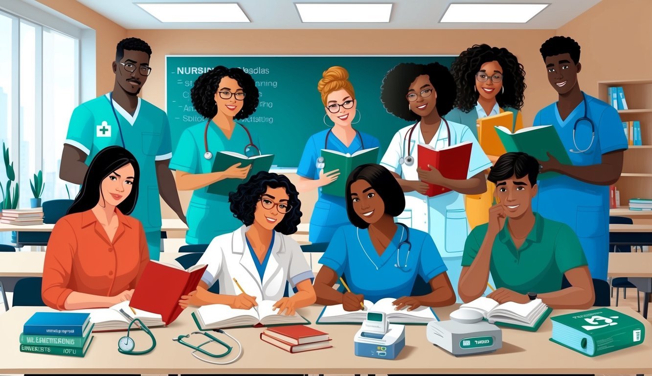 A group of diverse students studying in a modern classroom with nursing textbooks and medical equipment