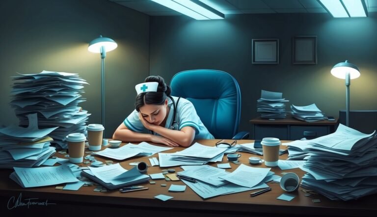Exhausted nurse asleep at desk, surrounded by piles of paperwork