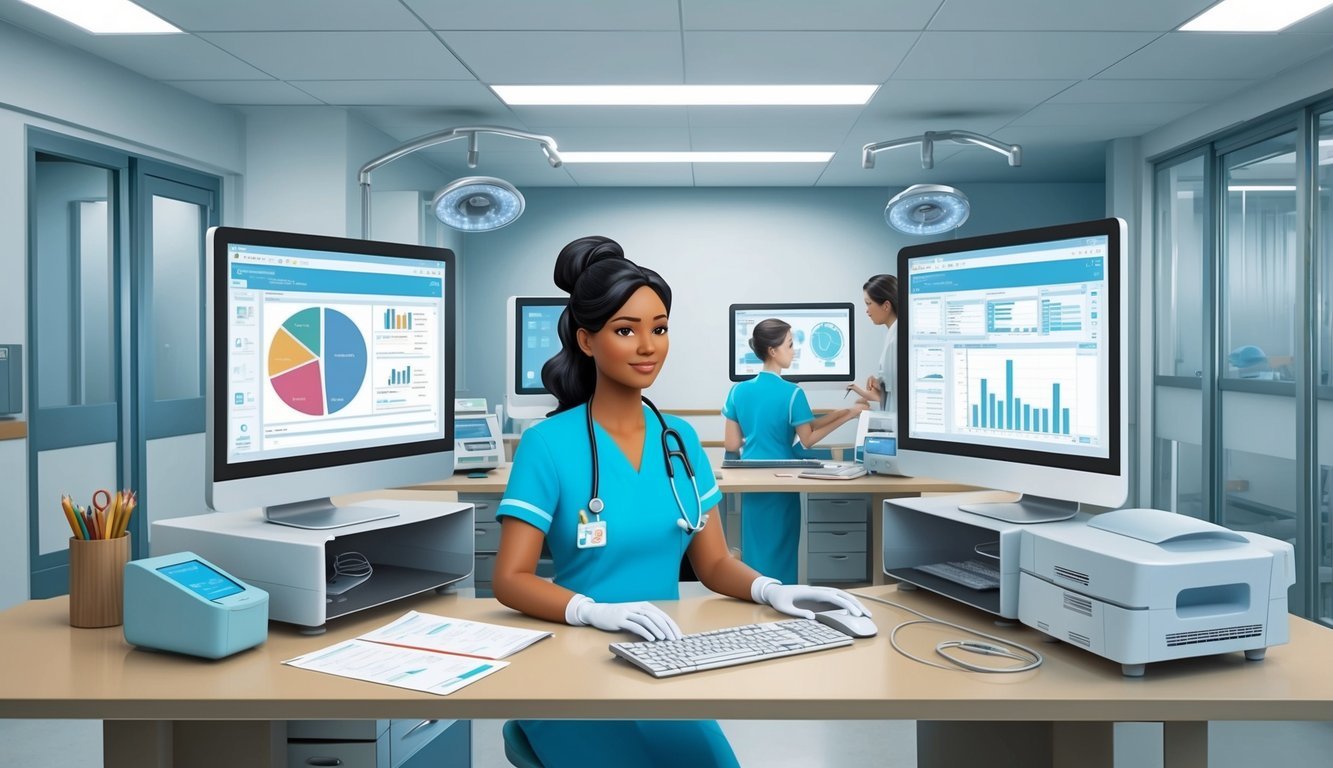 A modern hospital setting with computer workstations and medical equipment.</p><p>A nurse is using technology to analyze patient data and communicate with colleagues