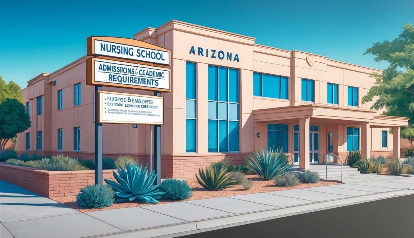 A nursing school building in Arizona with a sign displaying admissions and academic requirements