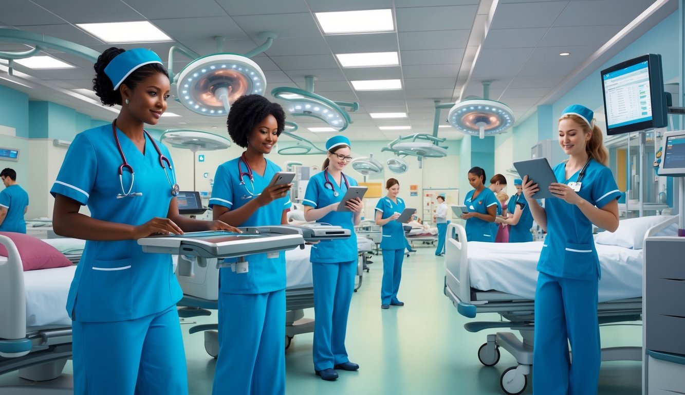 A bustling hospital with nurses using advanced technology to manage patient data and improve healthcare outcomes
