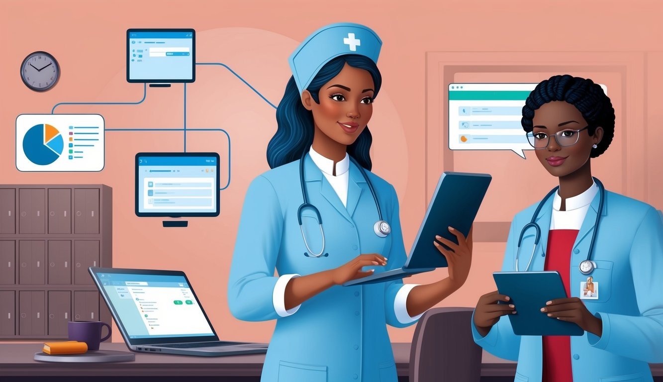 A nurse using technology to communicate with colleagues while maintaining patient records