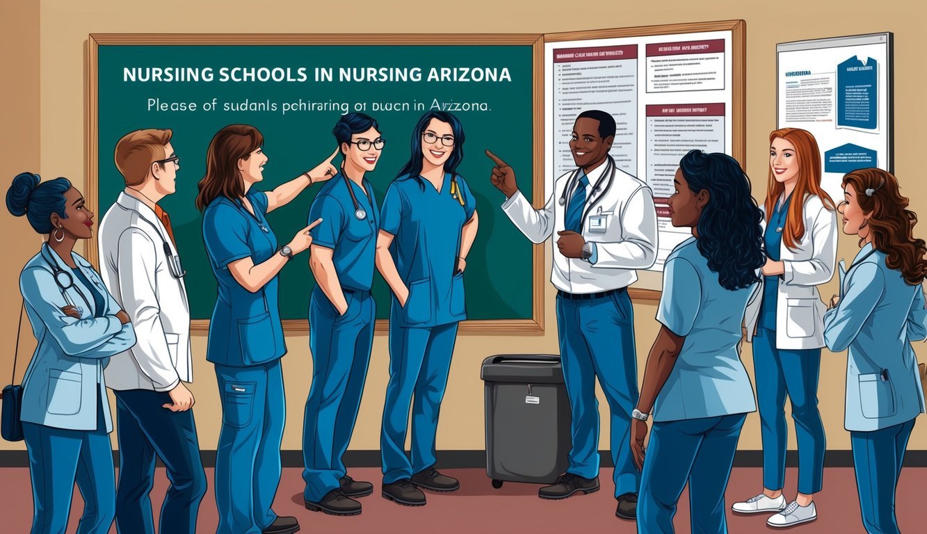 A group of students and instructors gathered around a bulletin board, pointing and discussing information about nursing schools in Arizona