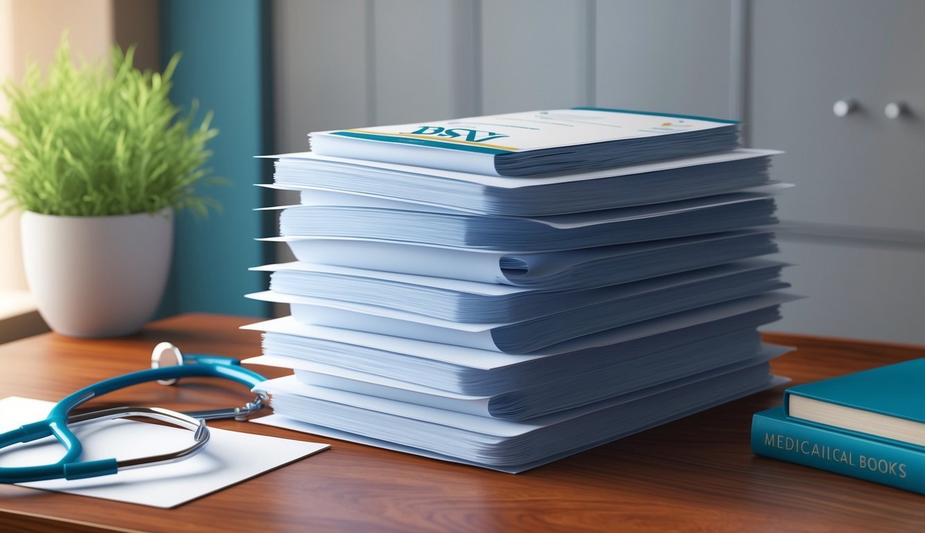 A stack of bsn degree certificates arranged on a wooden desk with a stethoscope and medical books nearby