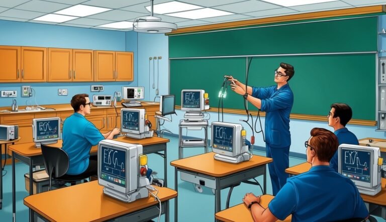 Medical students in a classroom learning about ECG machines and equipment