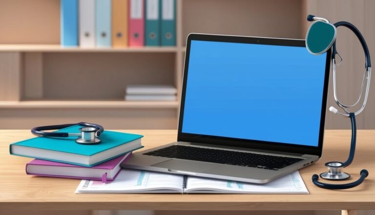 Laptop, stethoscope, and books on a desk in a doctor's office