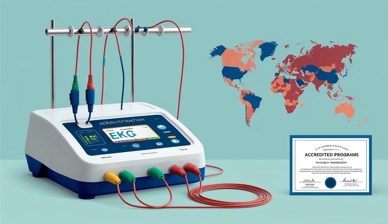 An EKG machine with leads attached, a certification diploma, and a map showing accredited programs