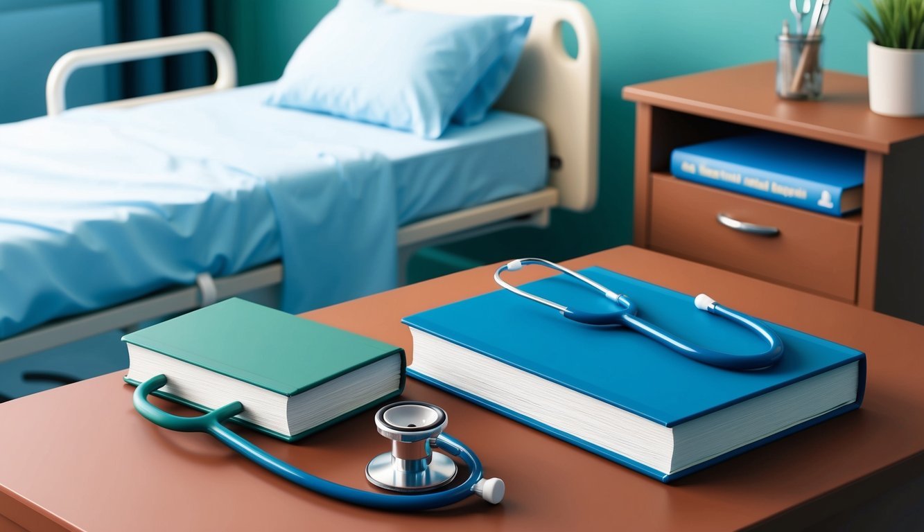 A stethoscope and medical textbooks on a desk next to a hospital bed