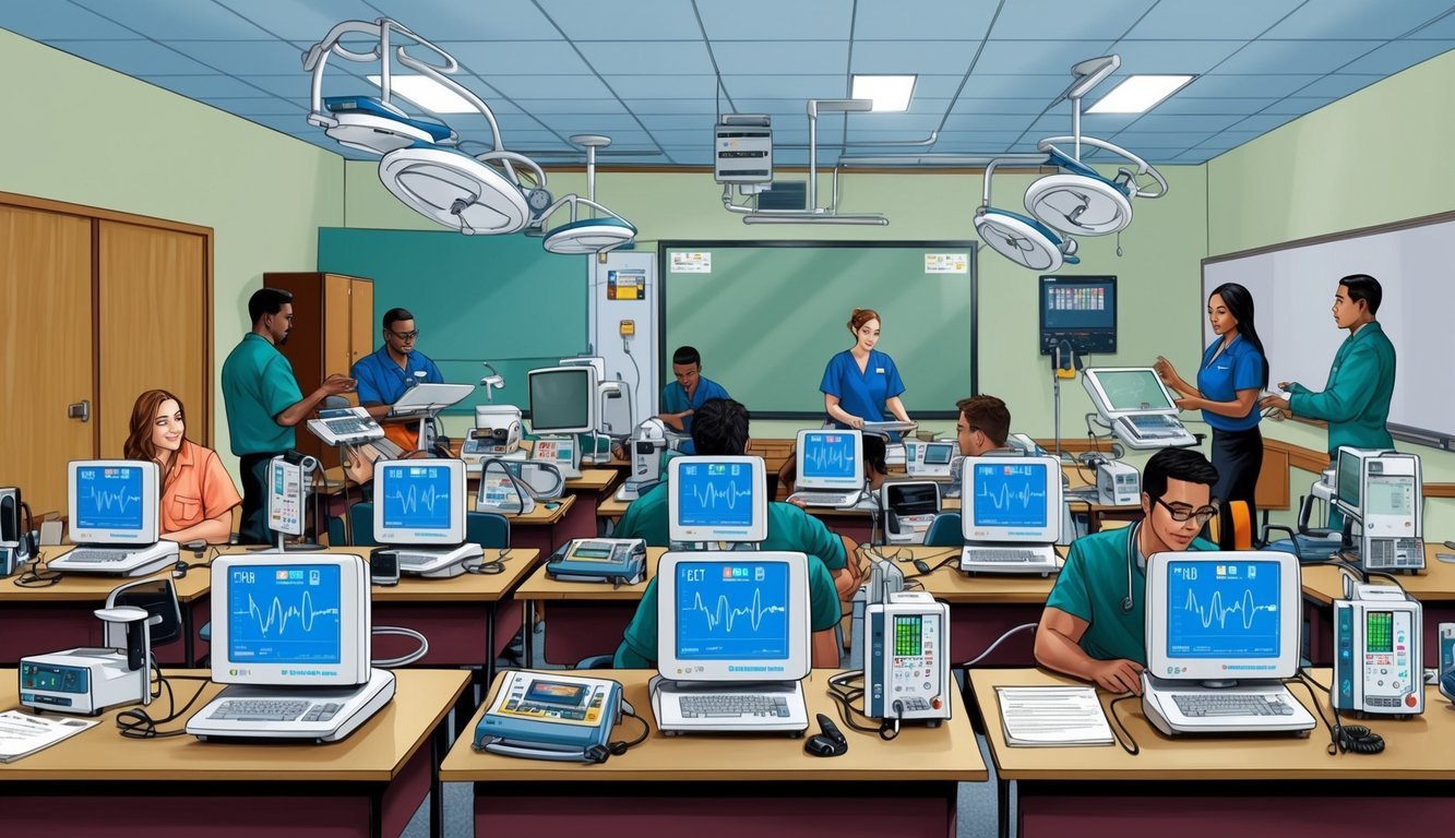 A classroom filled with EKG machines, monitors, and medical equipment, with students engaged in hands-on training and coursework