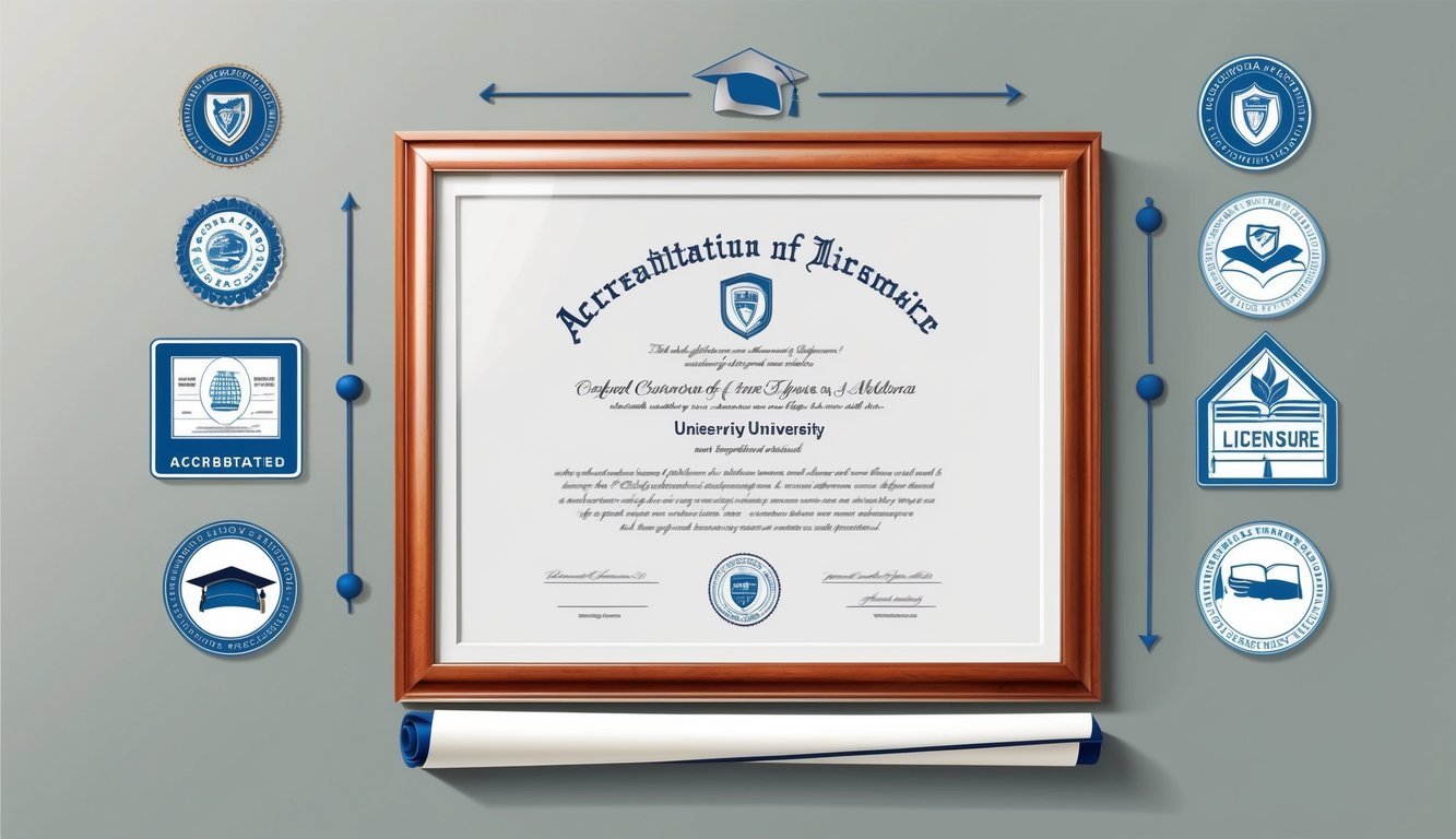 A university diploma framed on a wall, surrounded by symbols of accreditation and licensure