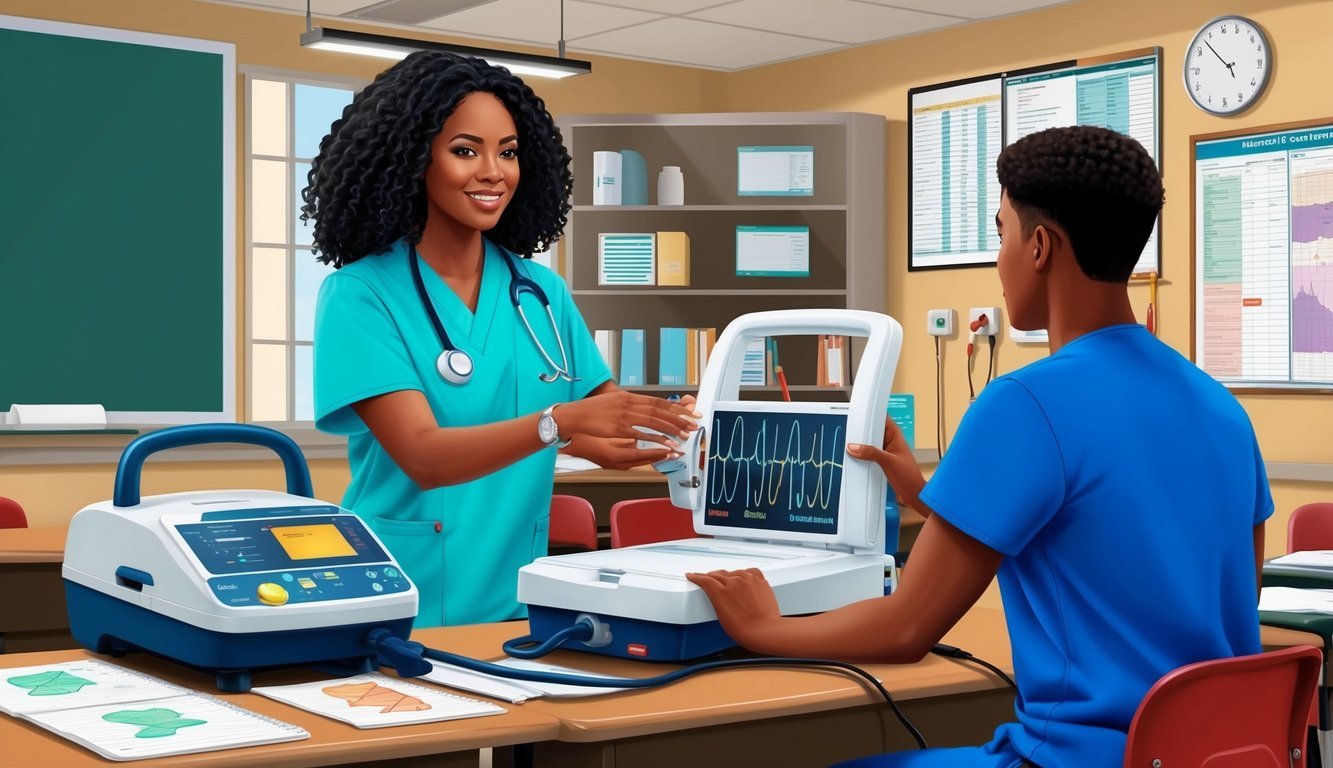 A student in scrubs operates an EKG machine in a classroom setting, surrounded by medical equipment and charts