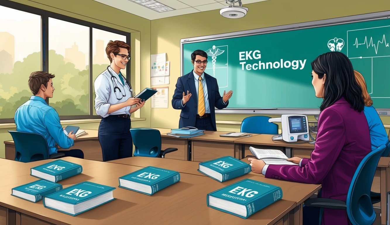 A classroom with students and instructor, medical equipment, and textbooks on EKG technology