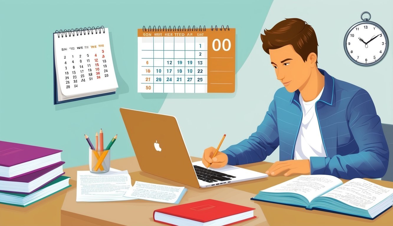 A person studying at a desk with a laptop, textbooks, and notes.</p><p>A calendar and clock show the passage of time