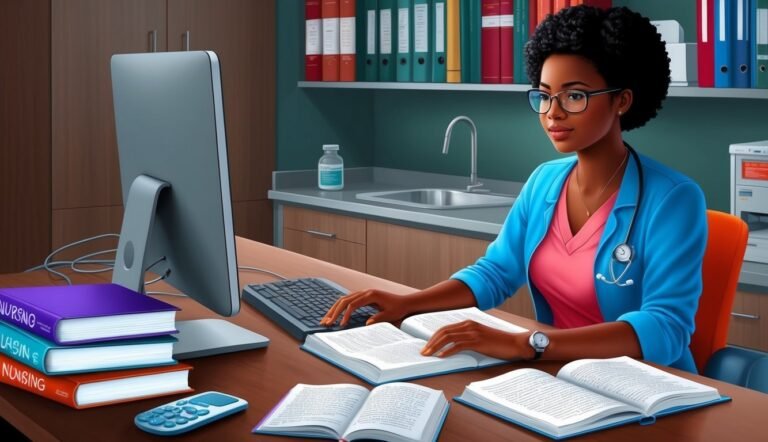 Black woman doctor at desk with computer and books