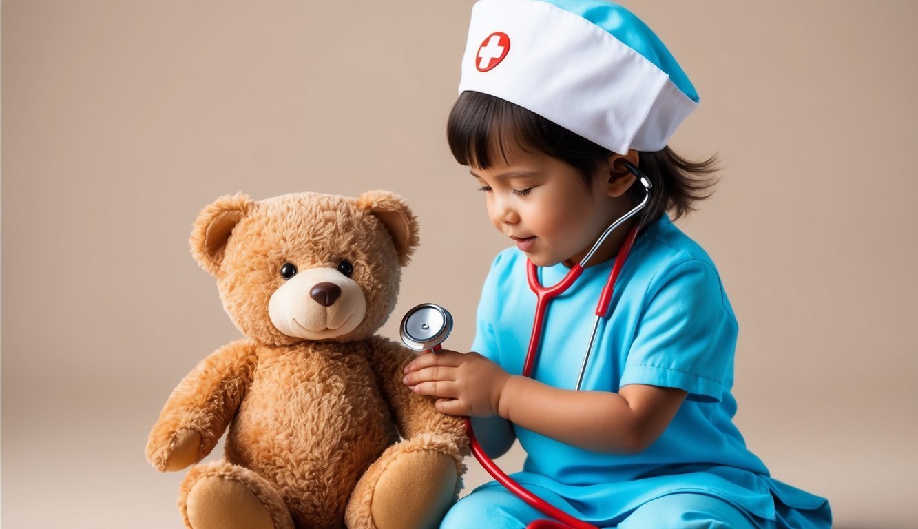 A child dressed as a nurse examines a teddy bear with a stethoscope