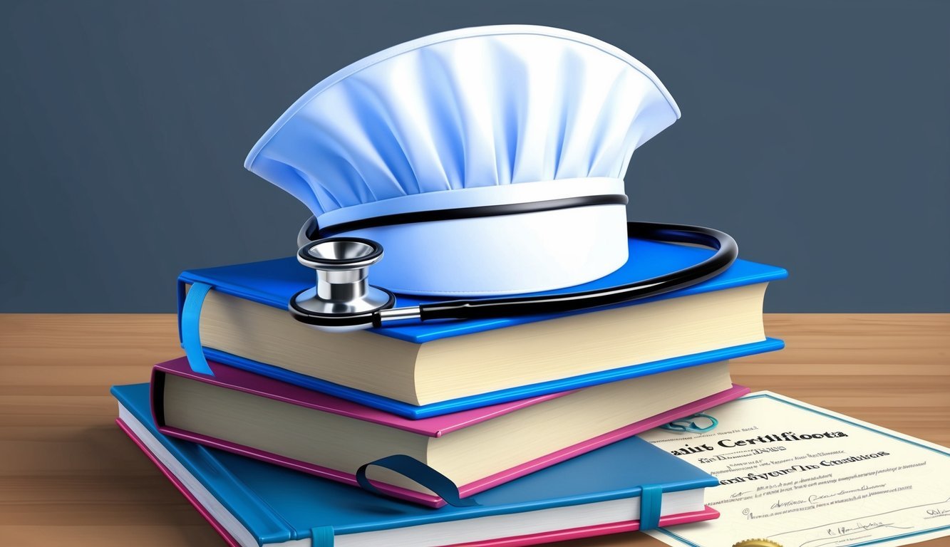 A nurse's cap and stethoscope resting on a stack of textbooks and a graduation certificate