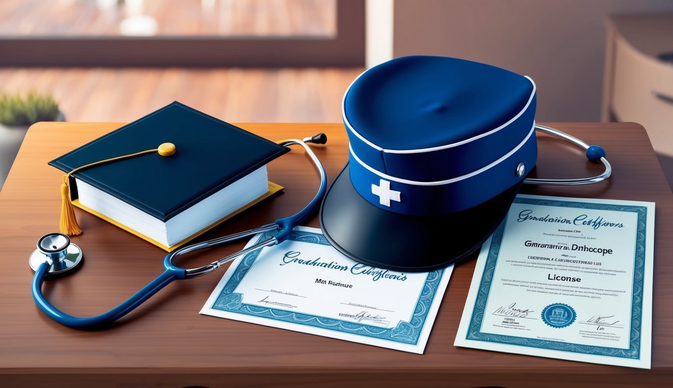 A nurse's cap and stethoscope next to a graduation certificate and a license on a desk