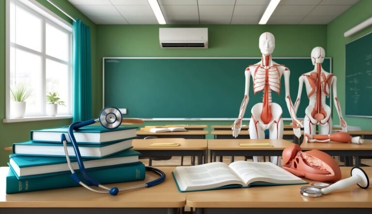 Anatomy classroom with models, textbooks, stethoscope, and a chalkboard