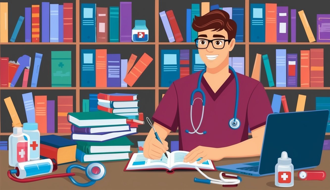 A young person researching nursing careers, surrounded by books and a laptop, with a stethoscope and medical supplies nearby
