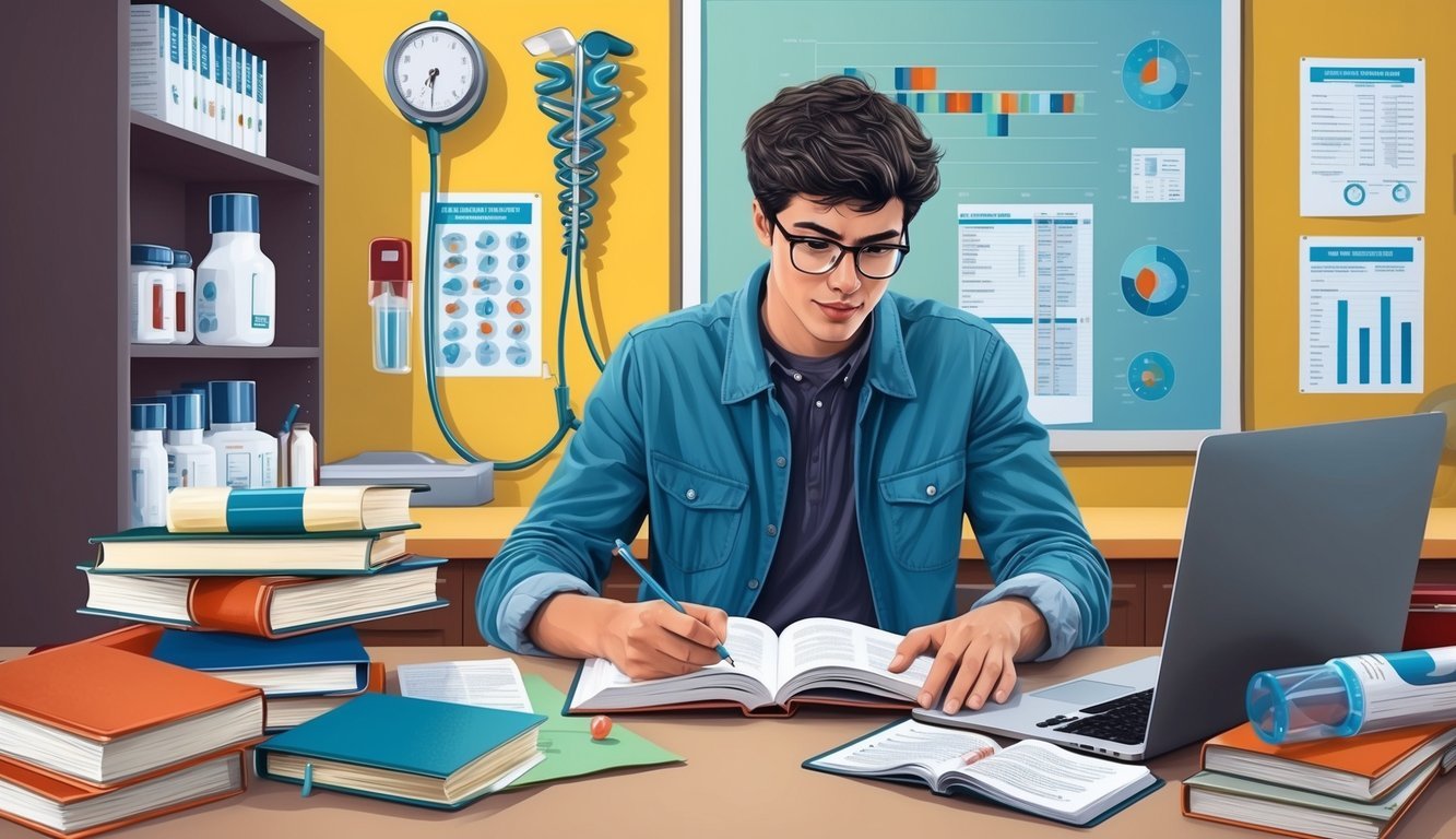 A young person studying at a desk with books and a laptop, surrounded by medical equipment and charts