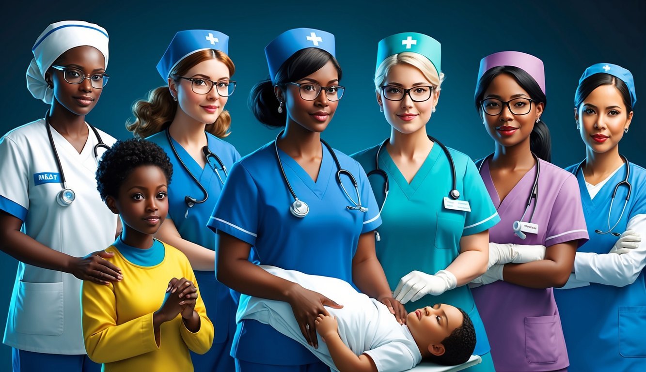 A group of nurses working in various specialized fields, such as critical care, pediatrics, and oncology, demonstrating their expertise and compassion