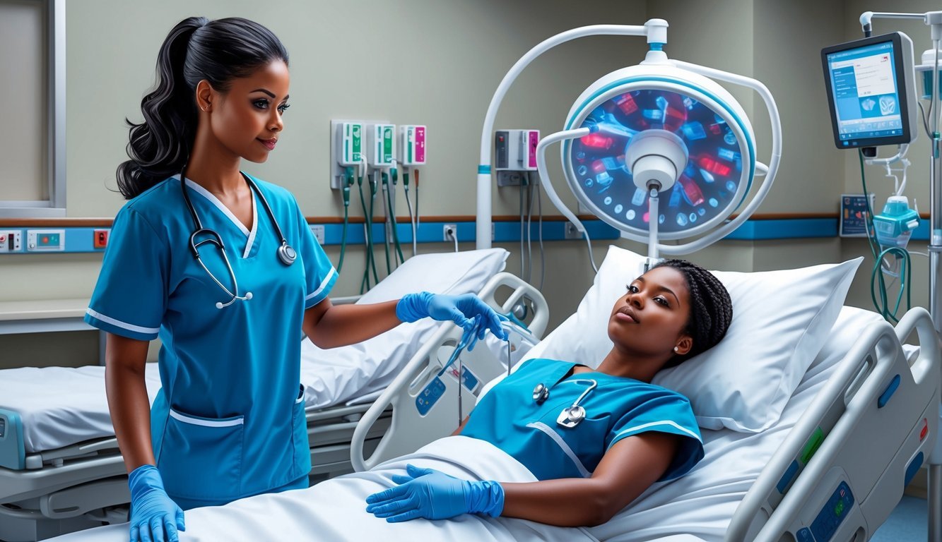 A nurse in scrubs practicing clinical skills in a hospital setting