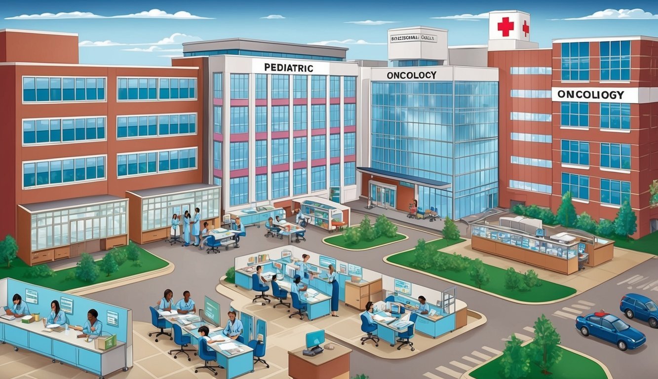 A hospital with various nursing departments, such as pediatrics, oncology, and emergency care, with students studying in classrooms and labs