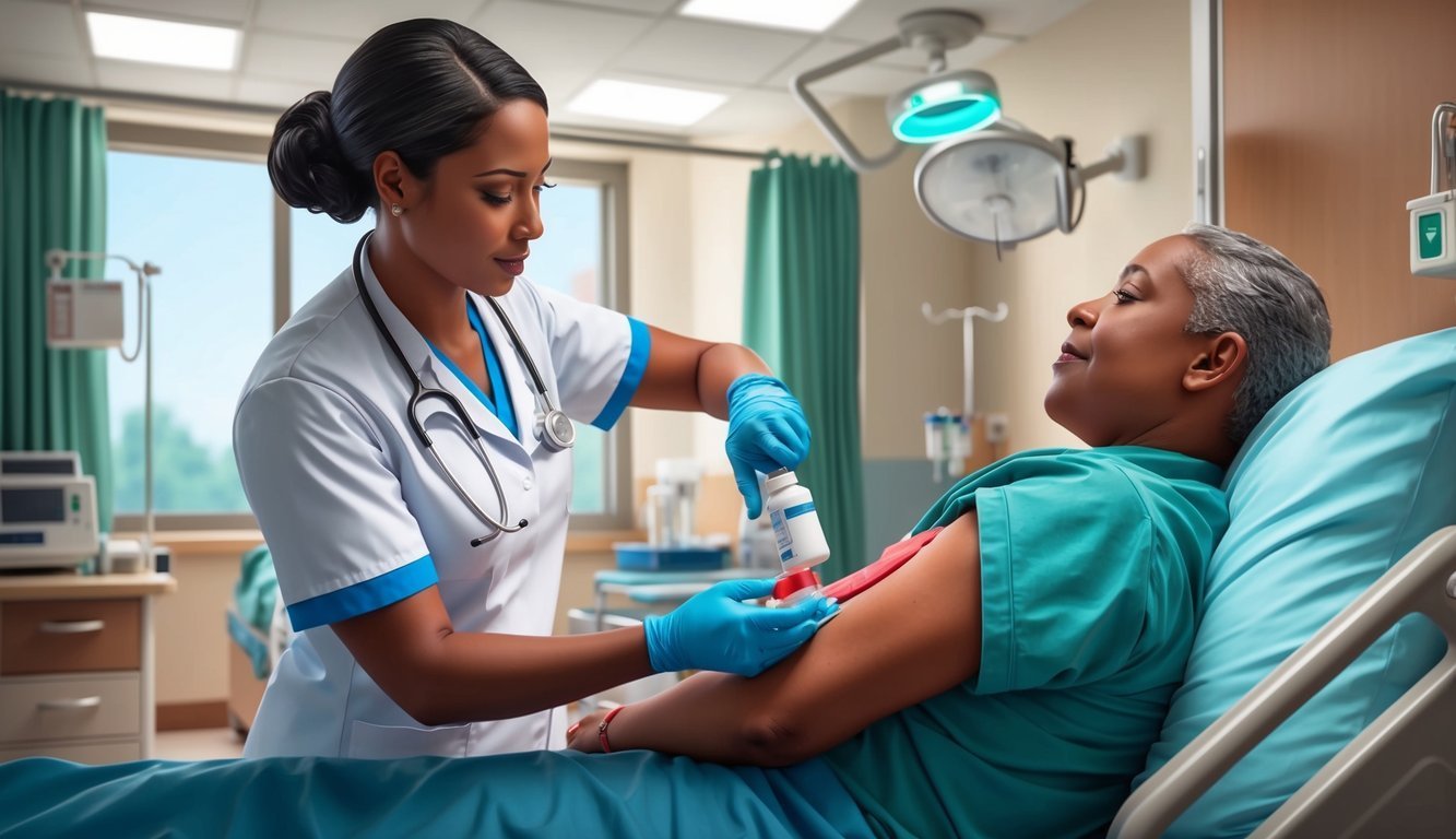 Nurse giving medication to a patient in a hospital bed