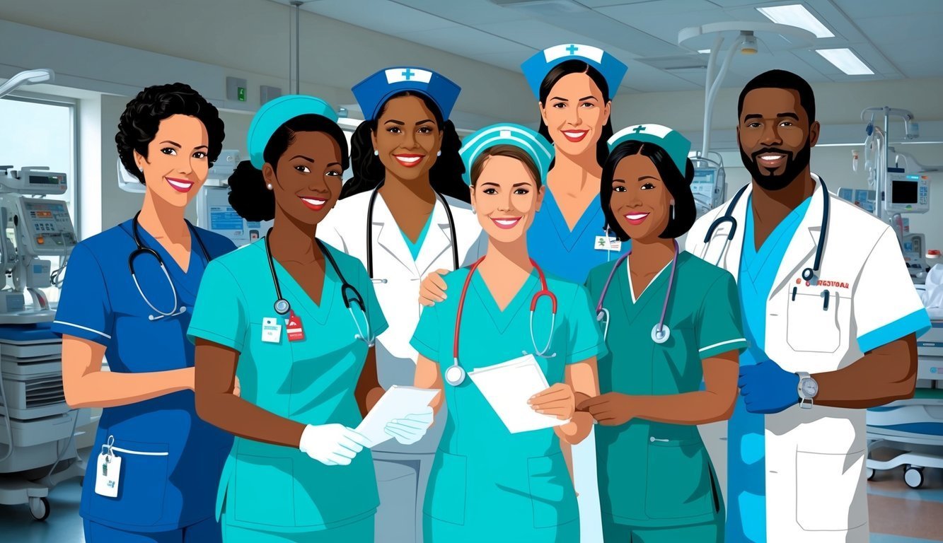 Group of diverse nurses smiling in a hospital room, wearing scrubs