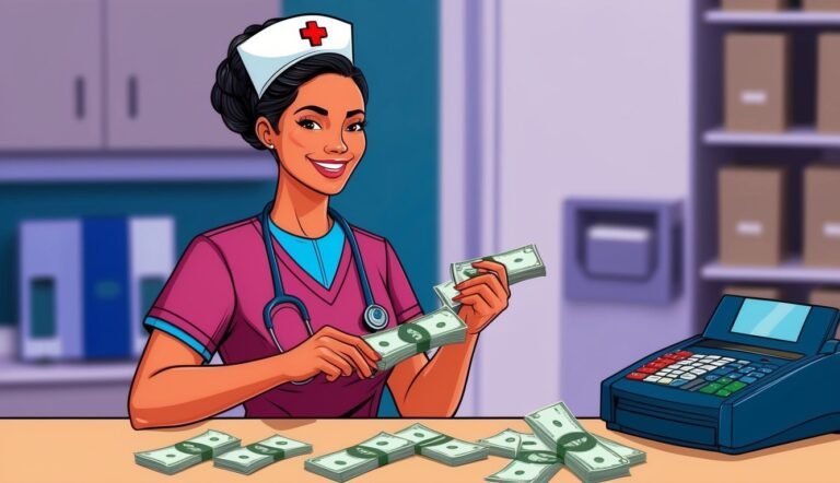 Nurse counting money at a desk with a cash register and stacks of bills