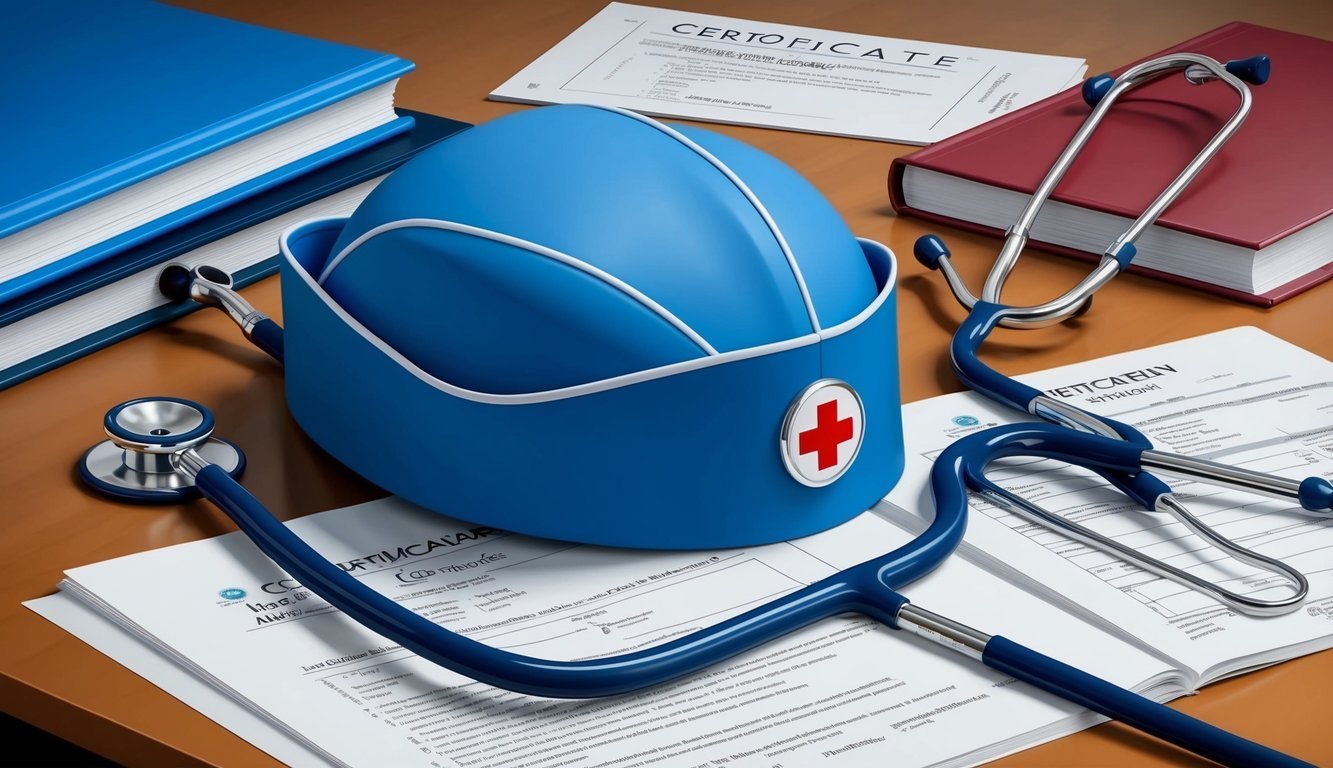 A nurse's cap and stethoscope resting on a desk, surrounded by medical textbooks and certification documents