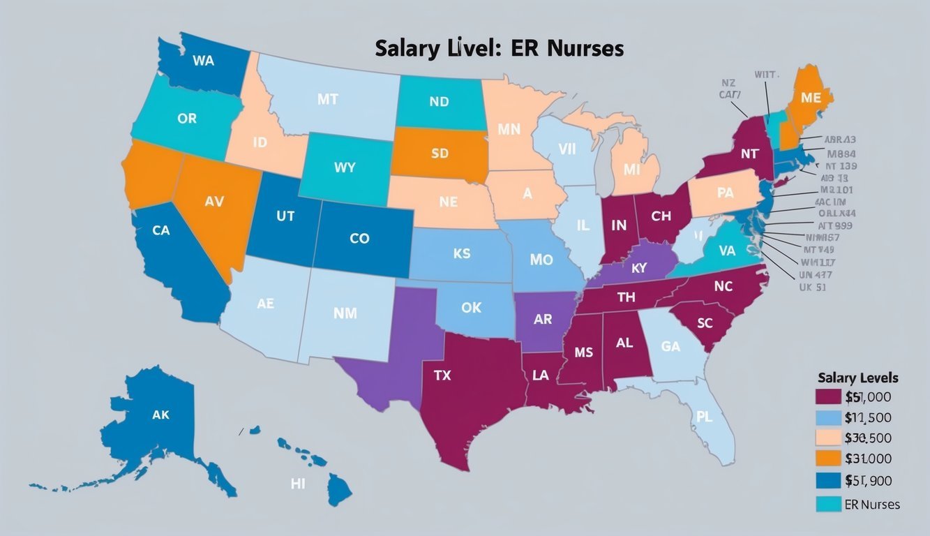 A map of the United States with color-coded regions showing varying salary levels for ER nurses