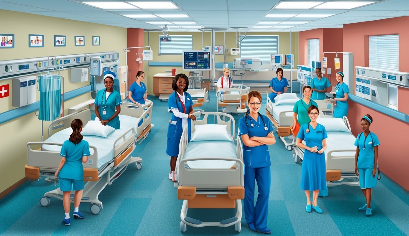 A bustling hospital floor with various nurse specialties at work in different settings